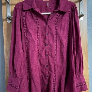 Free People Mikaela Tunic Embroidered Button Down Boho Shirt Burgundy S